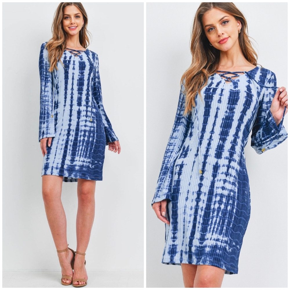 Boho Chiv Ribbed Navy Tie-Dye Long Sleeves Dress